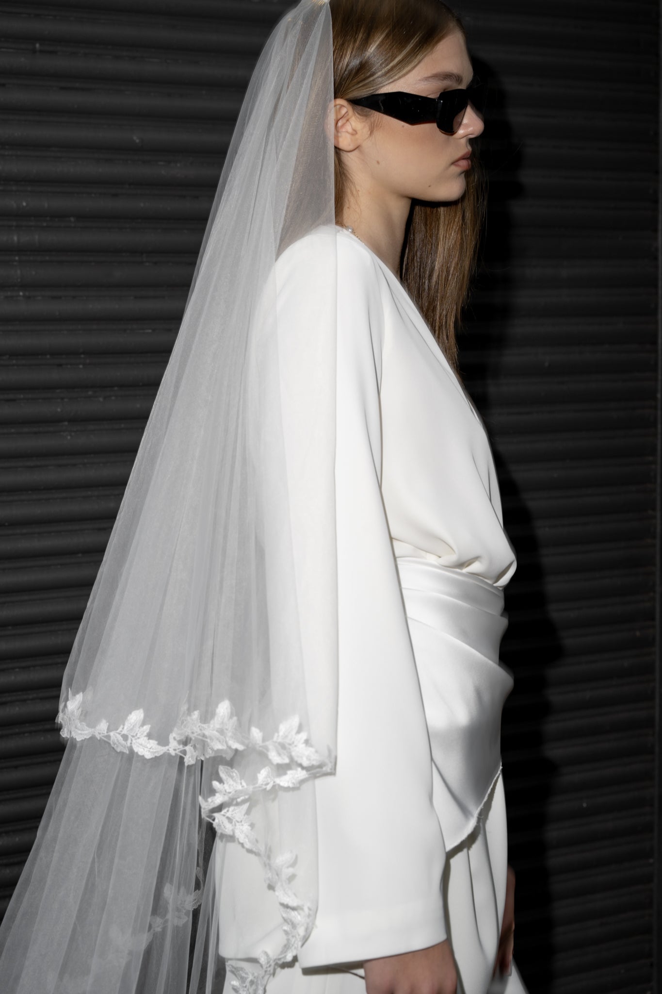 Floral trim blusher chapel veil