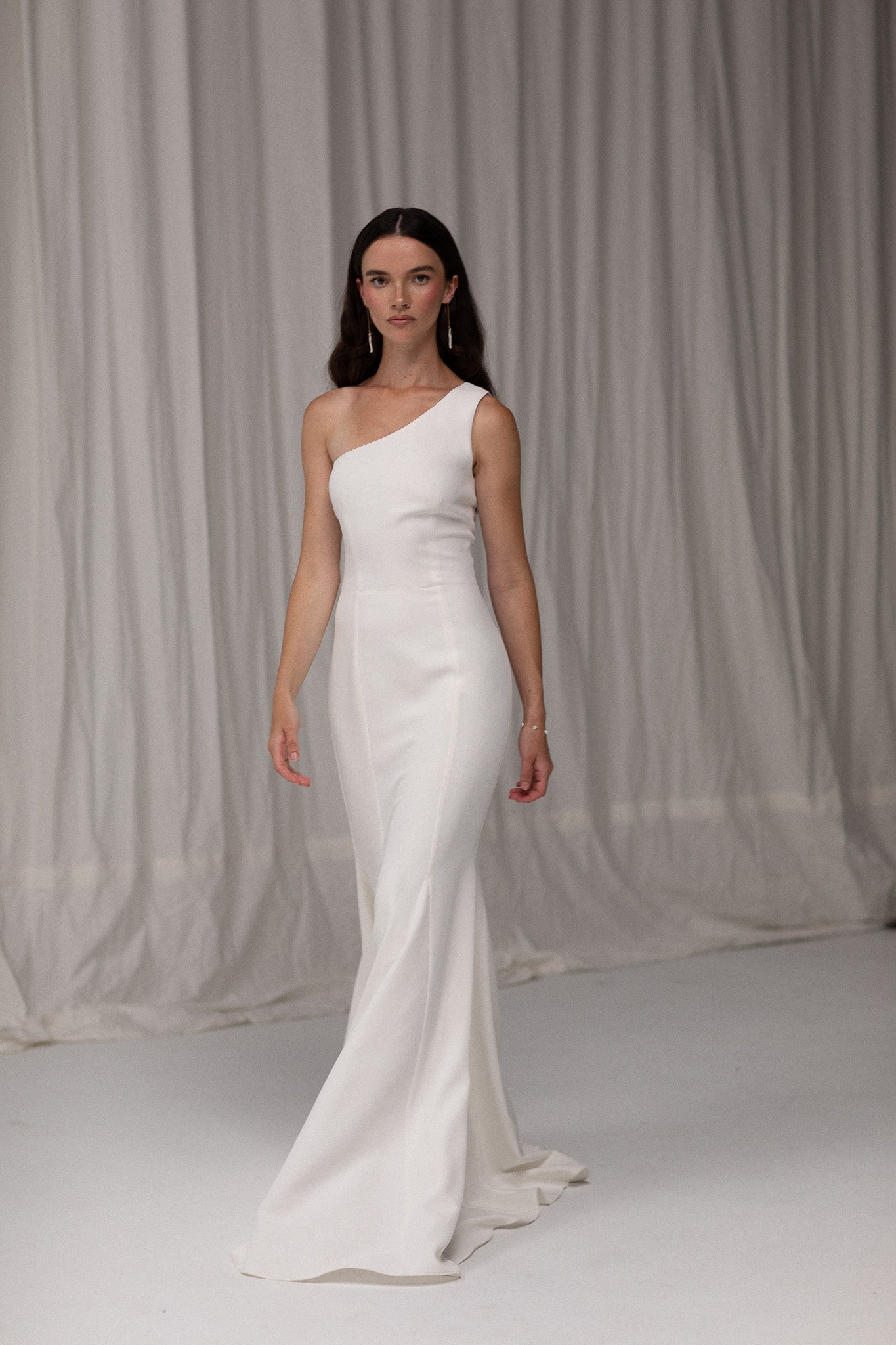 strapless open back dress One Shoulder Crepe Gown