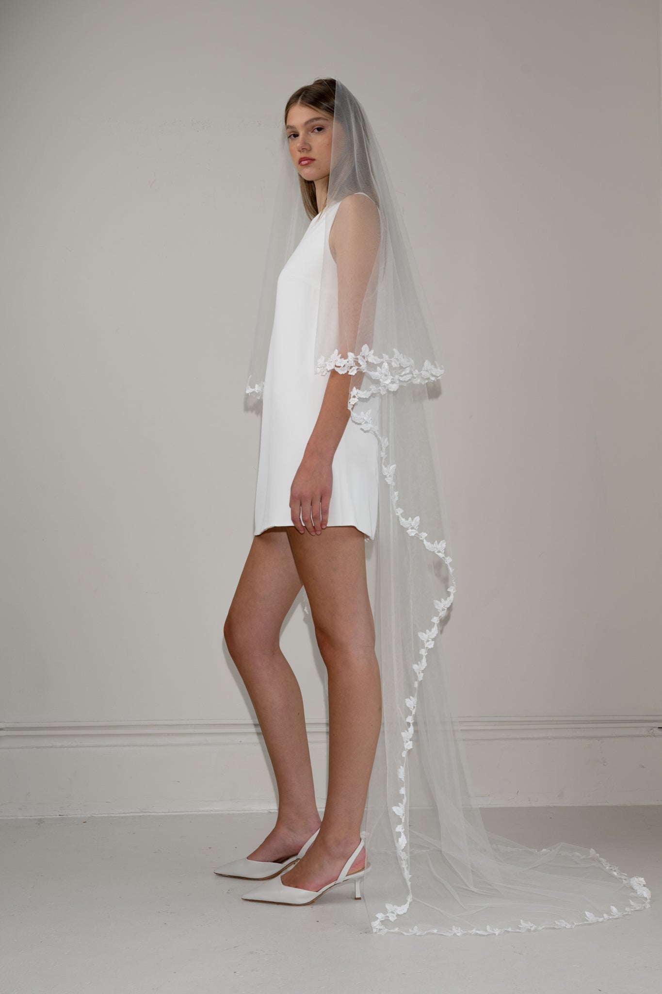 Floral trim blusher chapel veil