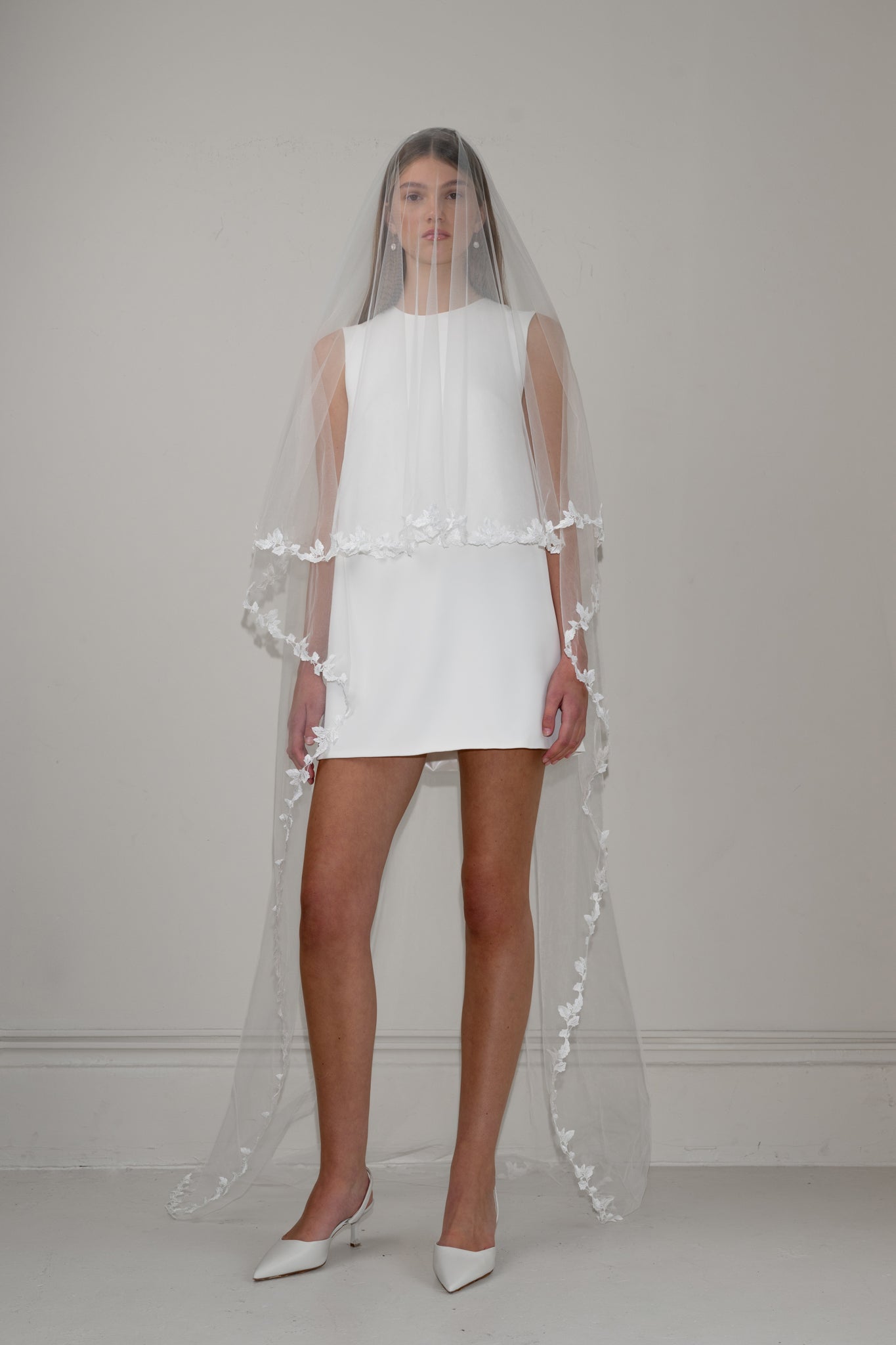 Floral trim blusher chapel veil