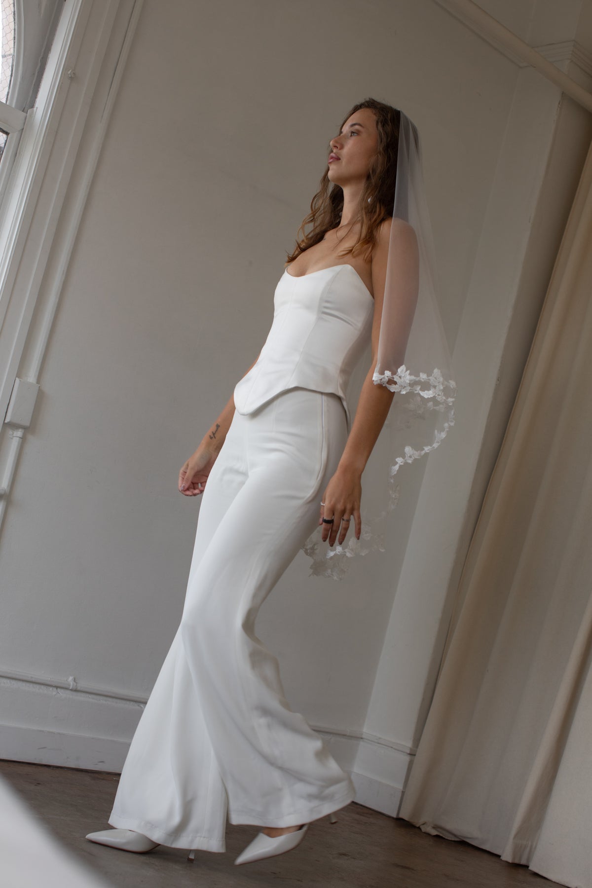 Floral trim blusher fingertip veil