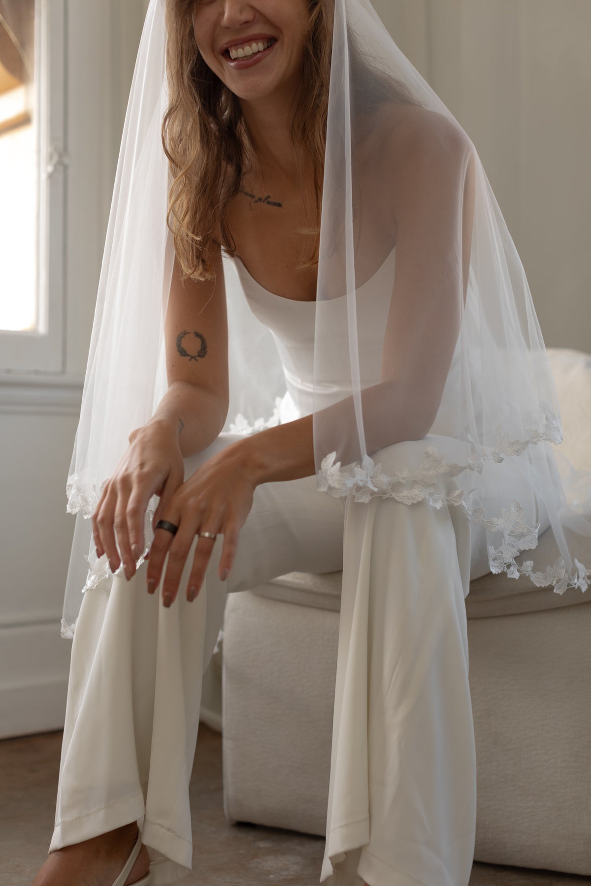 Floral trim blusher fingertip veil