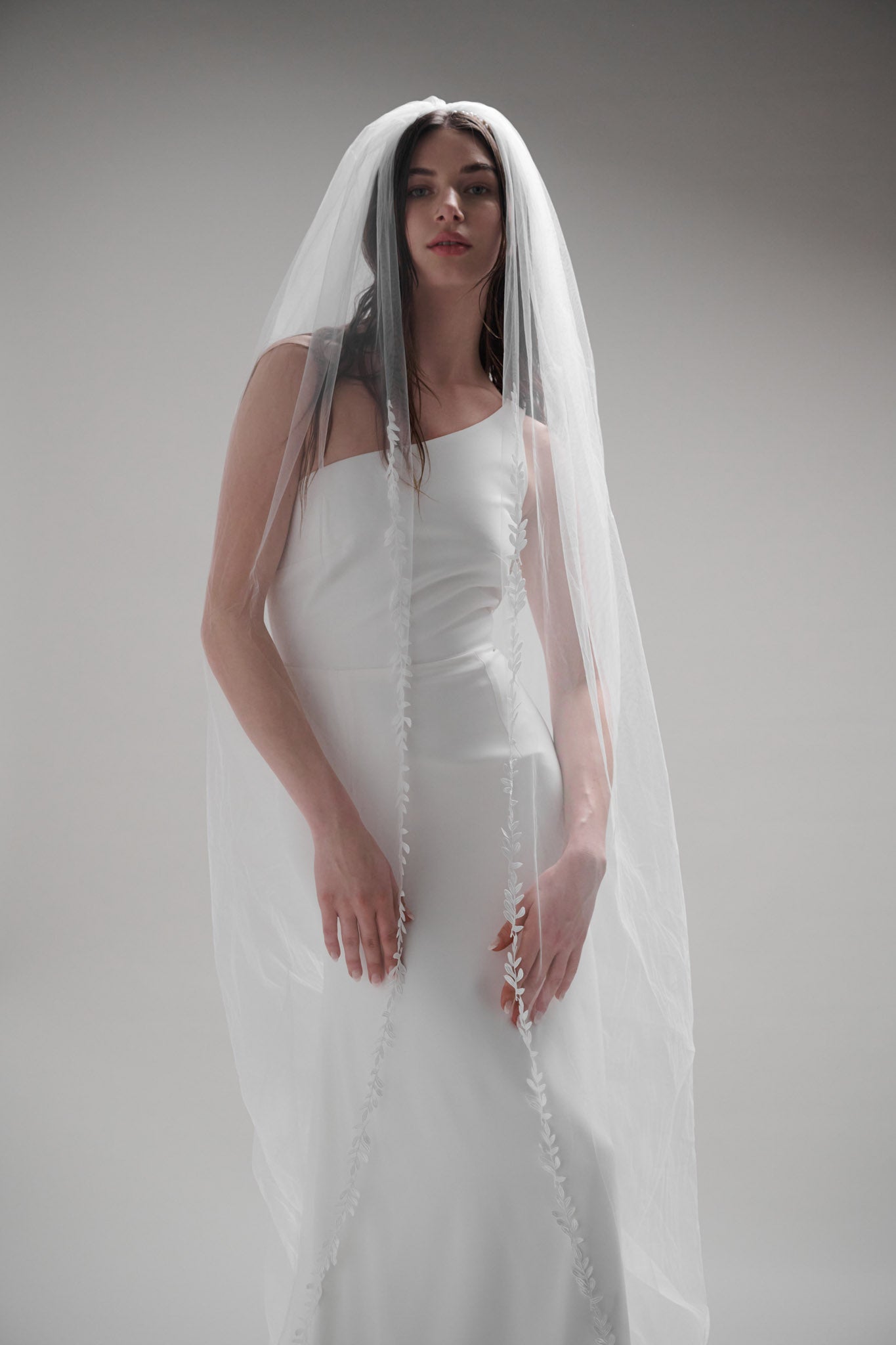 Adyn Veil with delicate leaf trim on soft tulle, inspired by natural beauty for the sensible and stylish bride