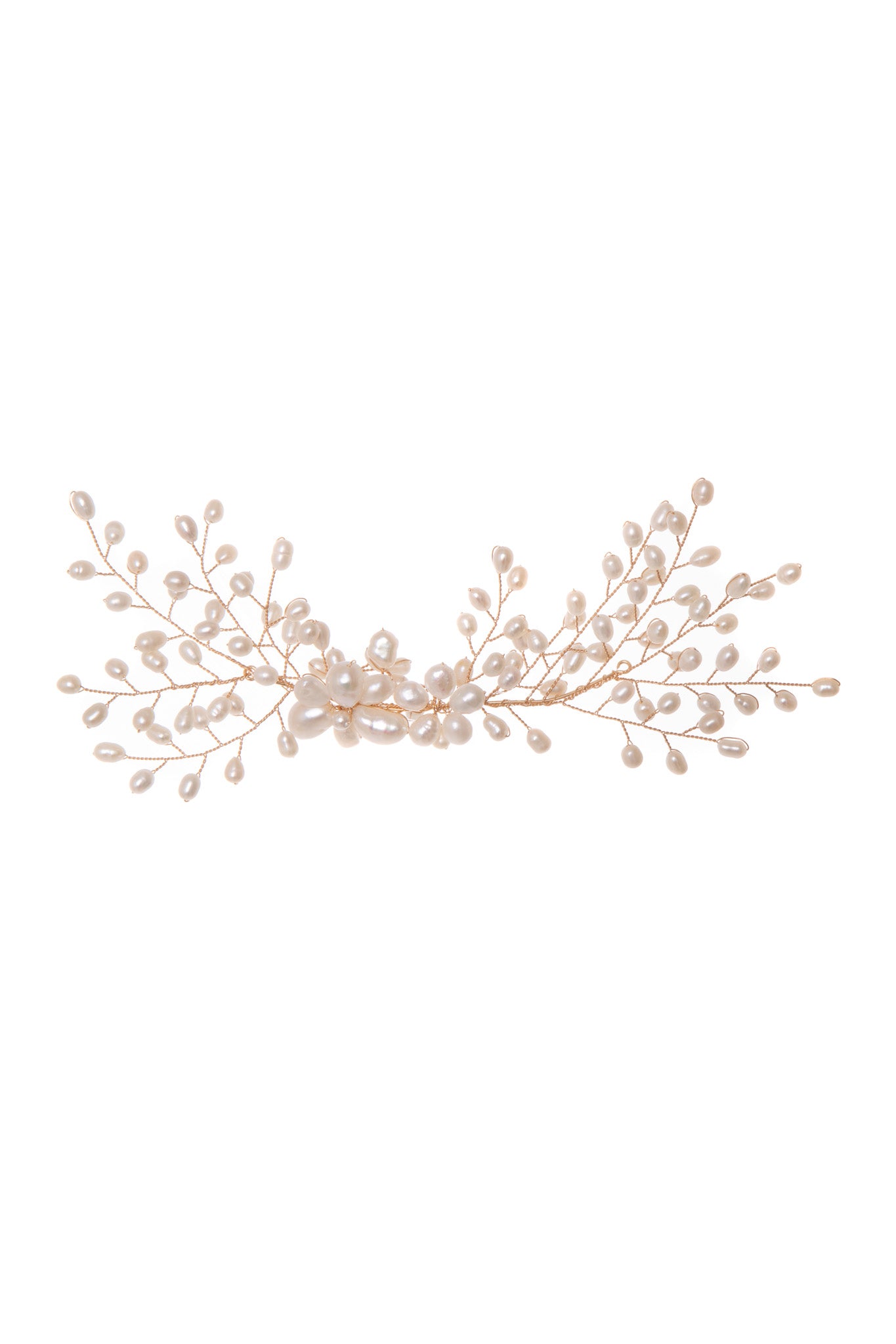 The Cloudburst Hairpiece beautifully combines freshwater pearls and golden branches with a pearly floral centrepiece. 