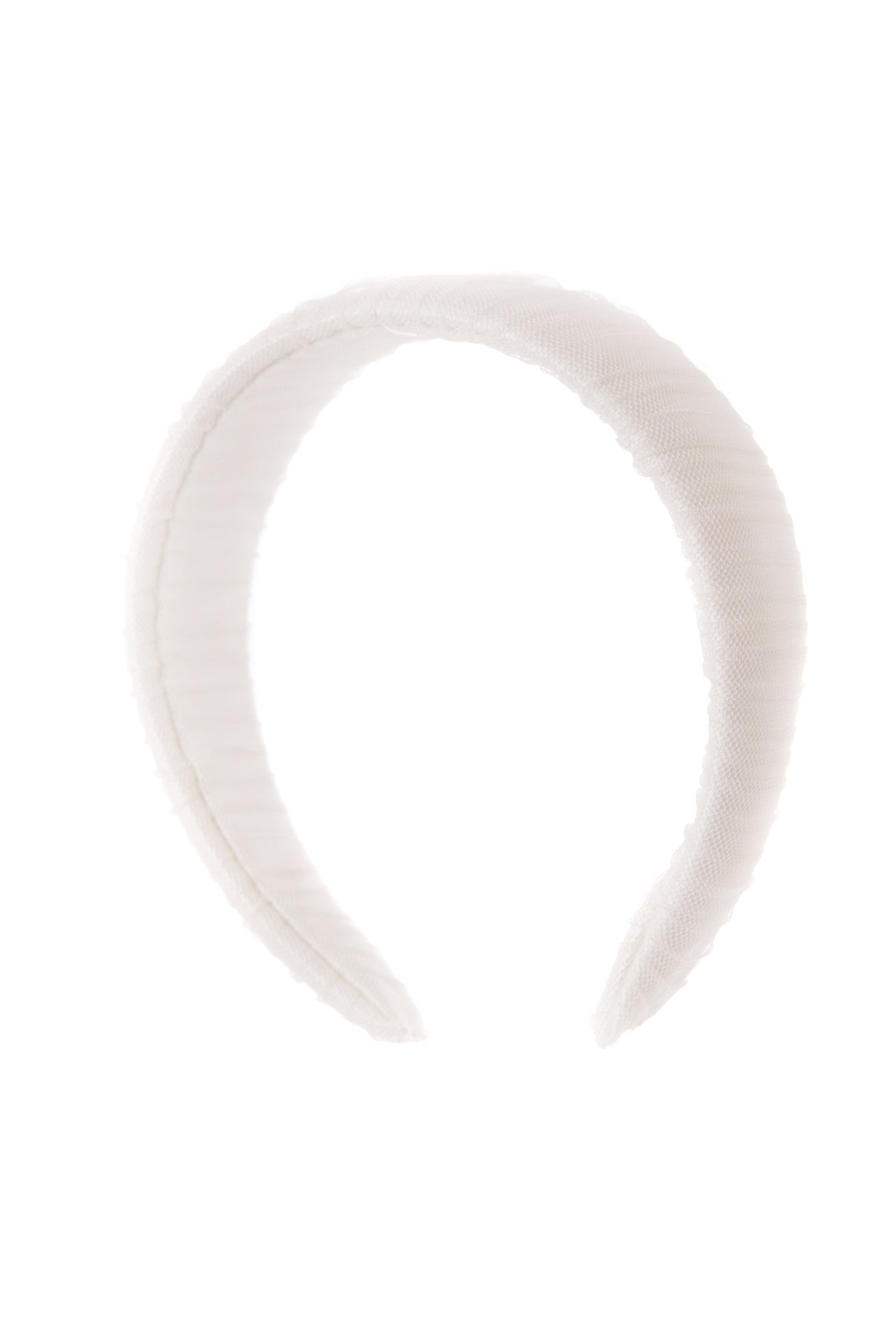 This hair accessory is crafted of luxurious ivory pleated tulle, providing a versatile and comfortable look suitable for any occasion.