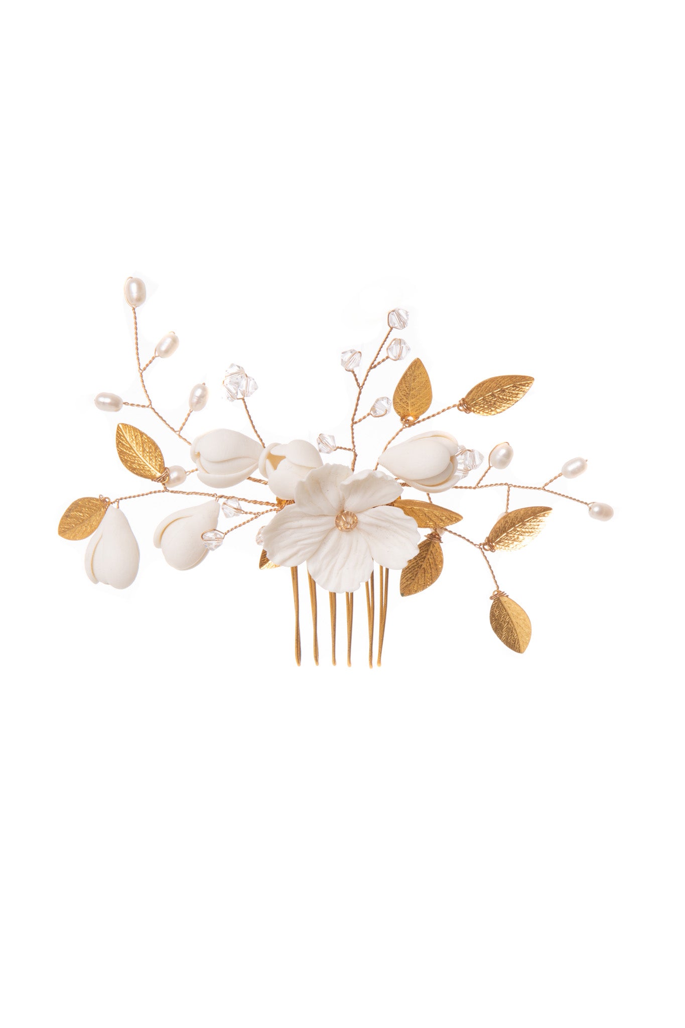 Blossom comb features an exquisite stem of blooms enveloped in a dreamy aura of gold leaves, glimmering crystals and delicate pearls